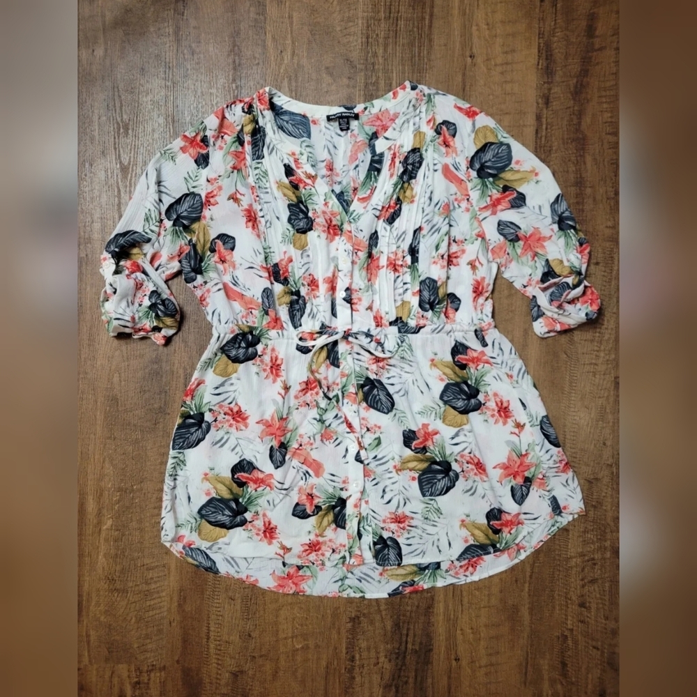 Hilary Radley White Floral Tie-Waist Blouse